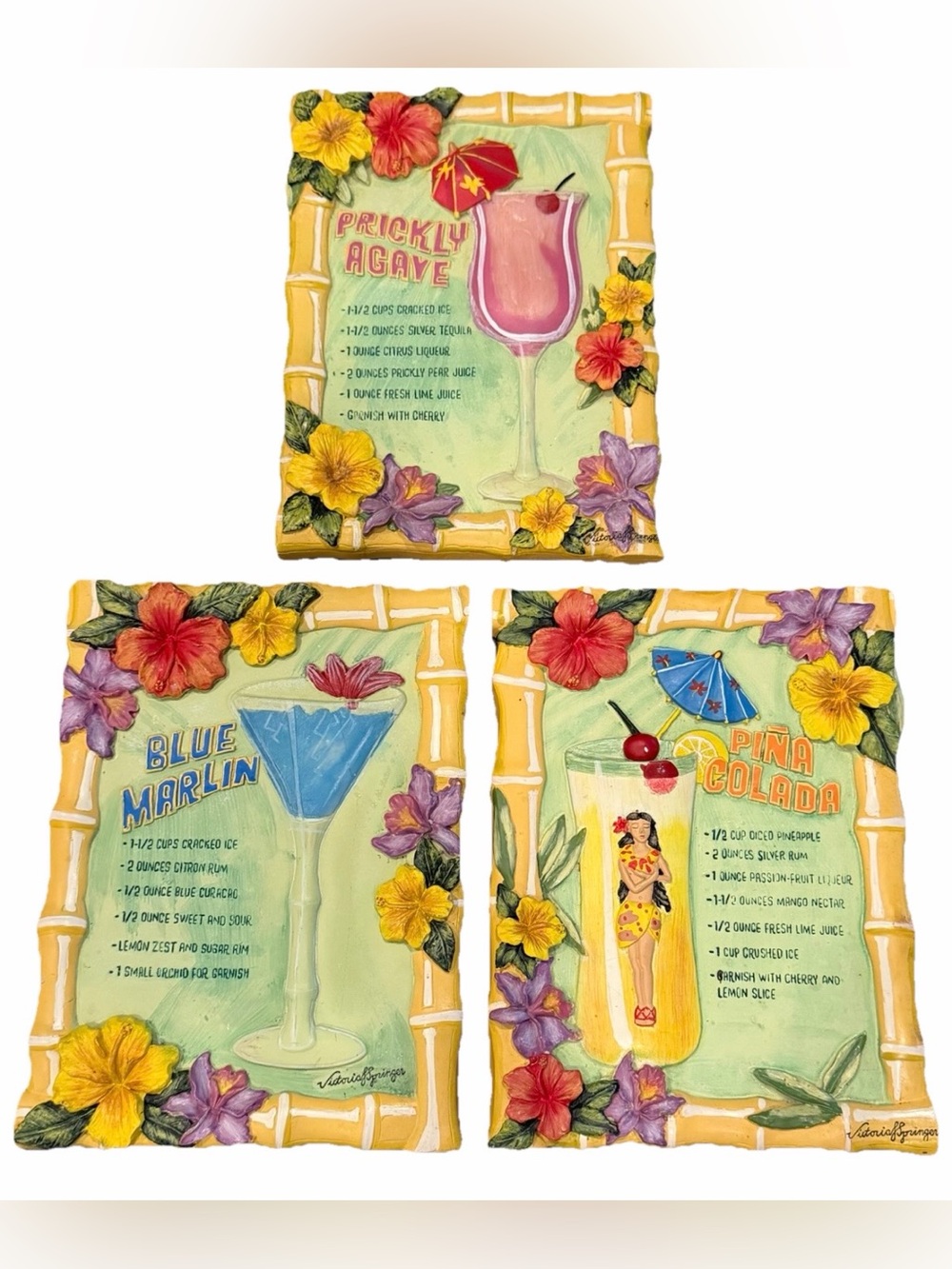 Victoria Springer Tiki Bar Hawaiian Drink Recipe Wall Plaques Set Of 3